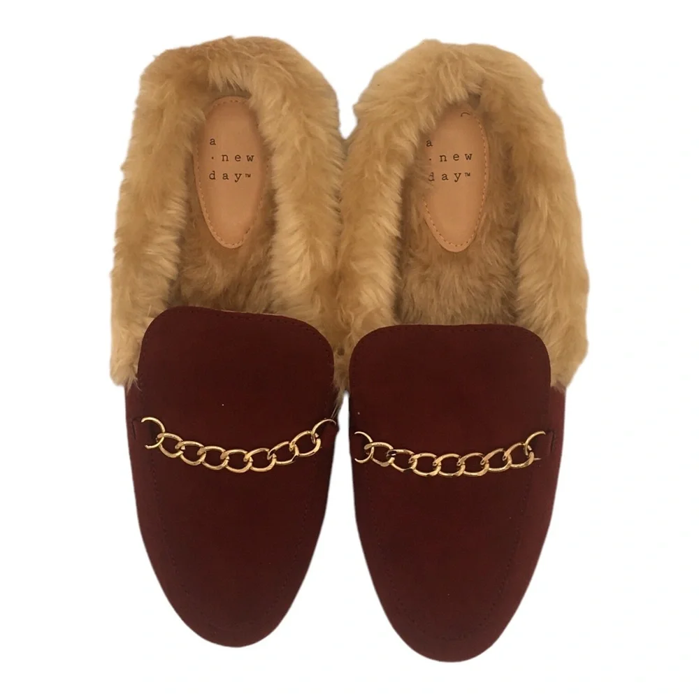a new day Size 8.5 Women’s Rene Burgundy Flats Slide On Faux Suede & Fur Lining - Picture 4 of 11